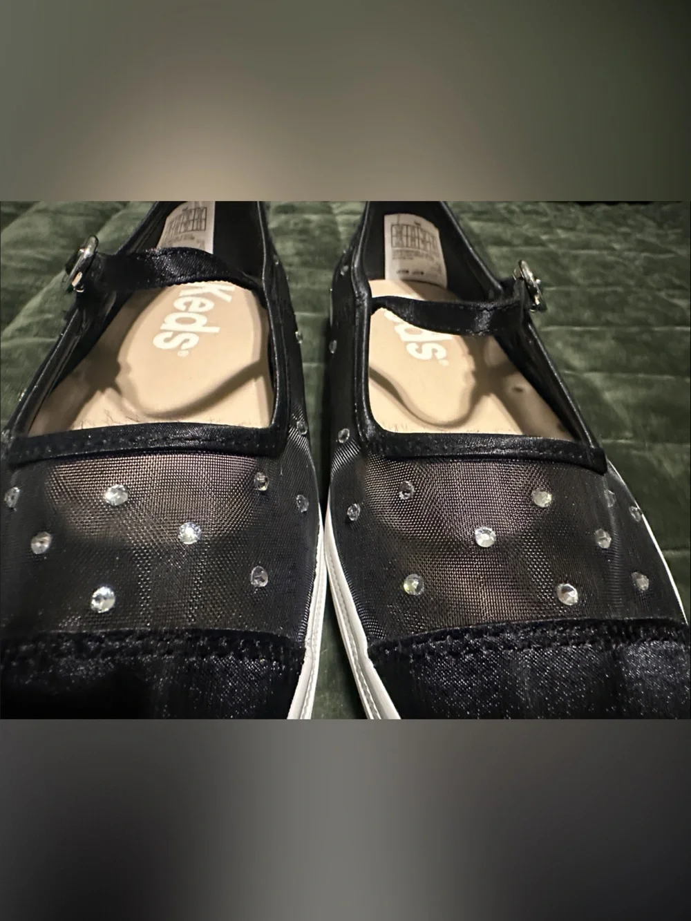 Keds Black Mary Jane Flats with Rhinestone Mesh